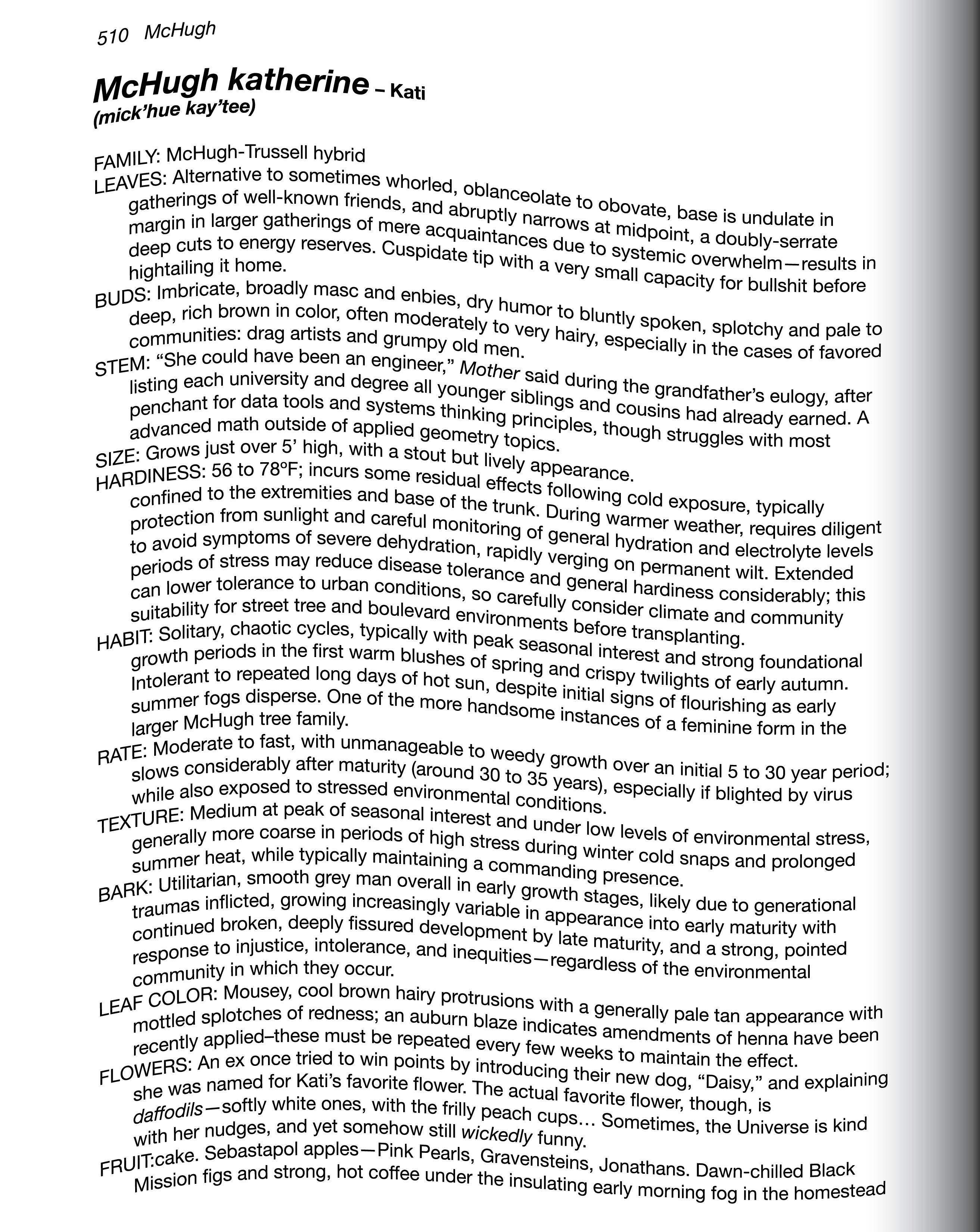 Warped black text on a white background, resembling the left-side page scanned from a thick, heavy plant identification book. Text is replicated in the below essay.