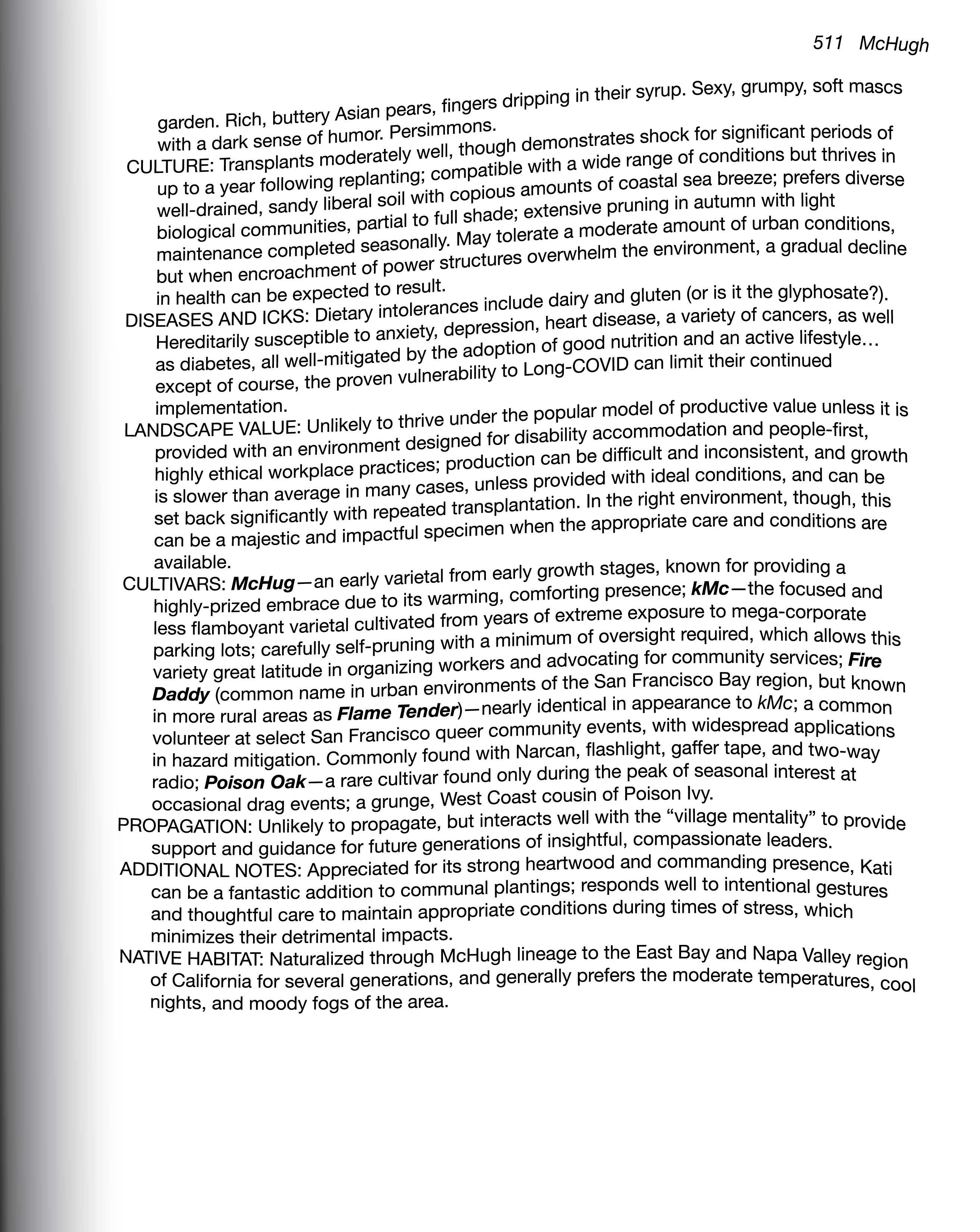 Warped black text on a white background, resembling a right-hand page scanned from a thick, heavy plant identification book. Text is replicated in the below essay.