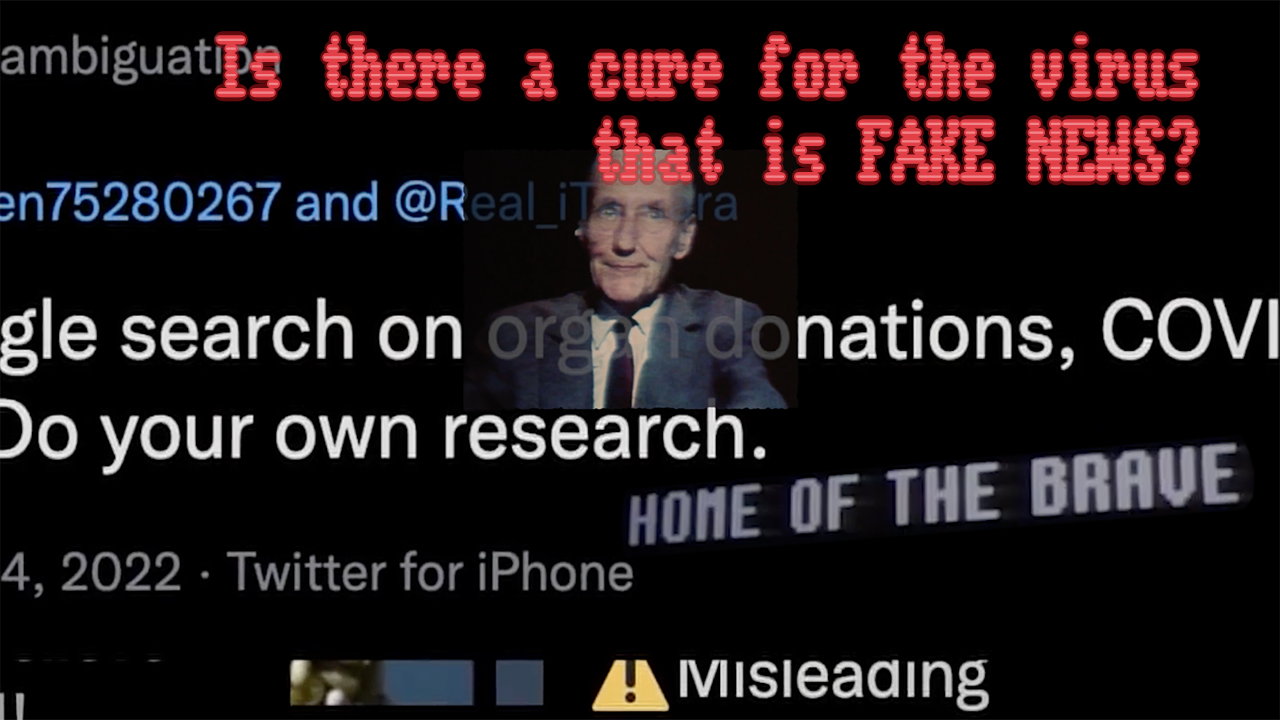 A man in a blue suit jacket smiles tightly. Text surrounding him includes "is there a cure for the virus that is fake news?" "home of the brave," and "do your own research."